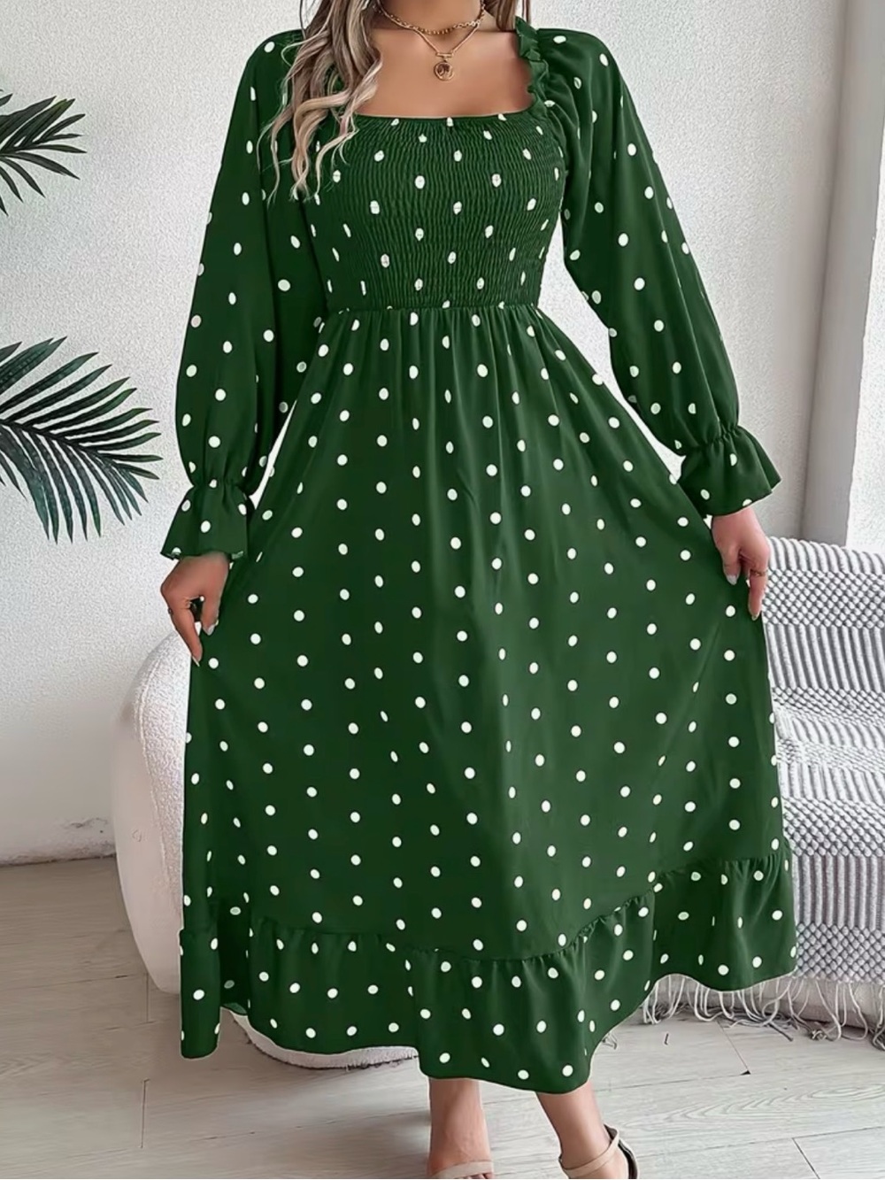 Polka Dot Long Sleeve Smocked Midi Dress - Green